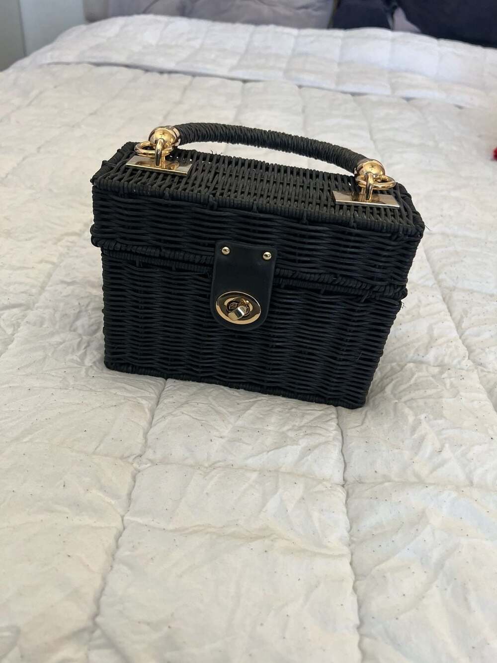 Zara Black Wicker Minaudiere Box Bag with Gold Hardware